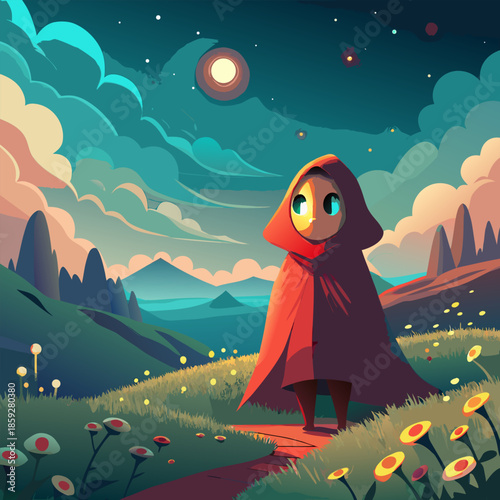 Lone figure in a red cloak stands under a starry night sky