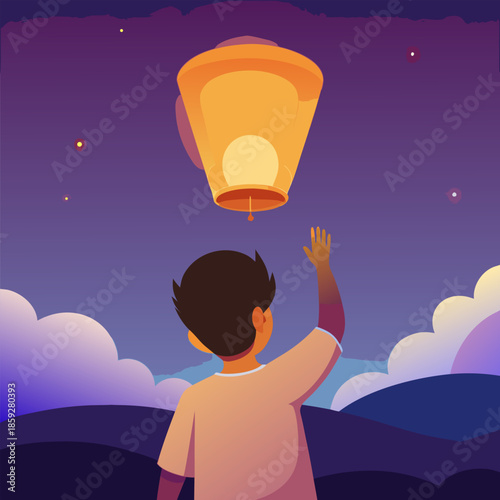 A child releasing a glowing paper lantern into the night sky