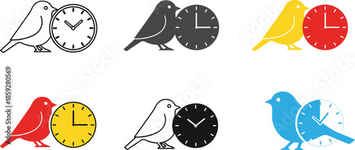 Bird and clock vector set illustrating time concept punctuality scheduling and colorful minimal animal symbols