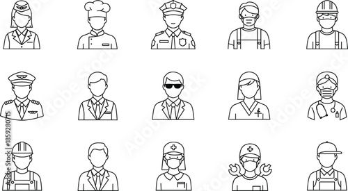 Professional occupation people line icons vector set featuring workers doctors police chefs engineers and service avatars