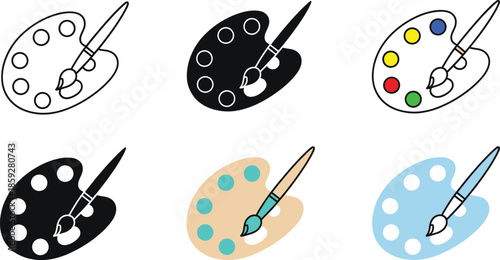 Artist paint palette vector set with brush colorful paints and creative art tools illustrations