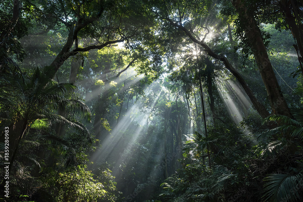 Obraz premium Sunlight rays shining through dense tropical rainforest with lush green foliage creating serene and peaceful atmosphere in forest