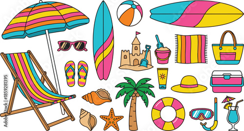 Summer Beach Vacation Vector Set. Umbrella, deck chair, and surfboard isolated on white for holiday travel