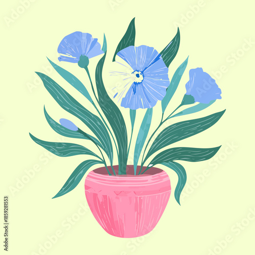 Delicate blue flower in a pink ceramic pot with stylized green leaves for a modern botanical art design