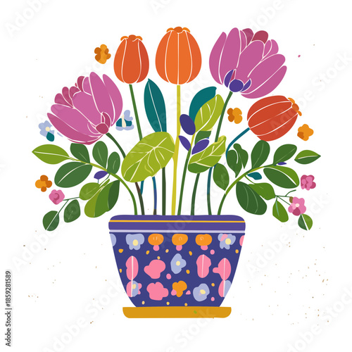 Vibrant flower pot with purple and orange tulips in a patterned blue ceramic vase for spring home decor