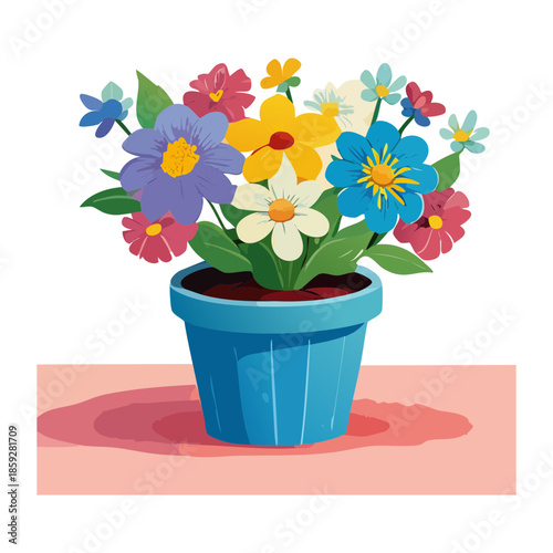 Beautiful mixed flower arrangement in a blue pot with blue and yellow blossoms for garden projects