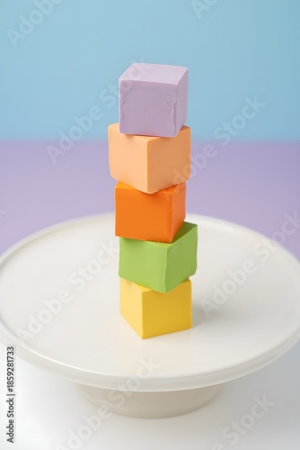 A stack of five colorful gift boxes balanced on a white plate