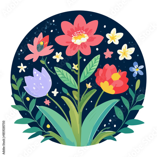 Beautiful mixed wildflower bouquet with red and purple blossoms against a dark starry sky backdrop