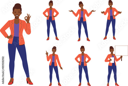 African American businesswoman character poses set, flat vector illustration showing confidence, presentation, thinking, explanation gestures isolated