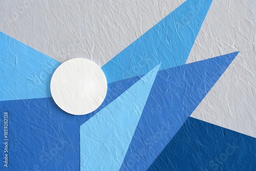 Abstract geometric design featuring bold blue shapes and a white circle on a textured background