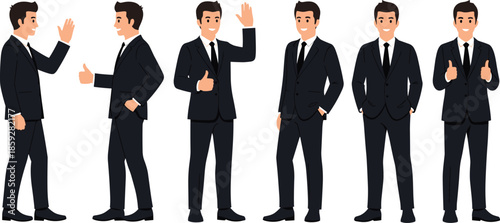 Businessman character poses set, flat vector illustration of professional male showing greeting, confidence, success gestures isolated on white background design
