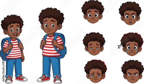 Cartoon school boy character set, flat vector illustration showing student backpack and facial emotions expressions isolated white background design collection