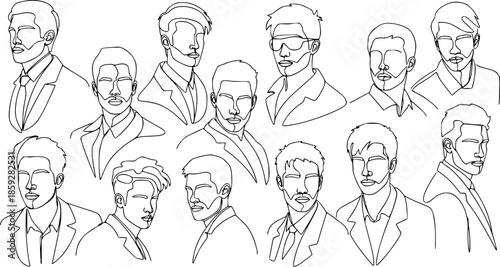 Continuous one line drawing of man portraits. Hairstyle. Fashionable men's style. - Vector illustration.