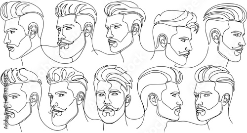 Continuous one line drawing of man portraits. Hairstyle. Fashionable men's style. - Vector illustration.