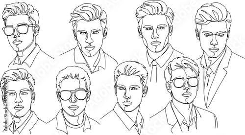Continuous one line drawing of man portraits. Hairstyle. Fashionable men's style. - Vector illustration.