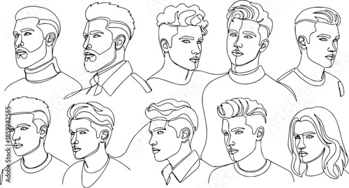 Continuous one line drawing of man portraits. Hairstyle. Fashionable men's style. - Vector illustration.