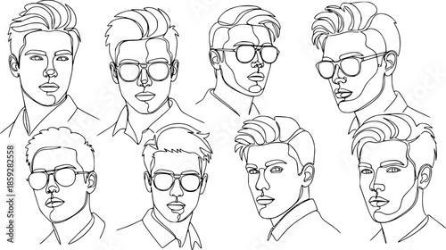 Continuous one line drawing of man portraits. Hairstyle. Fashionable men's style. - Vector illustration.