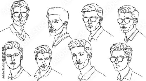 Continuous one line drawing of man portraits. Hairstyle. Fashionable men's style. - Vector illustration.
