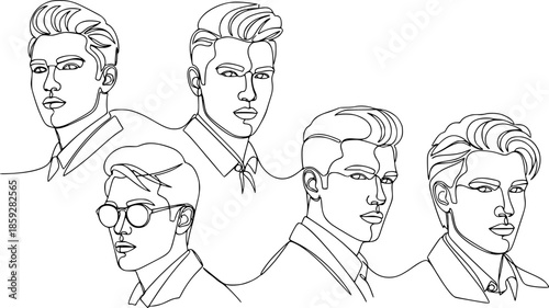 Continuous one line drawing of man portraits. Hairstyle. Fashionable men's style. - Vector illustration.