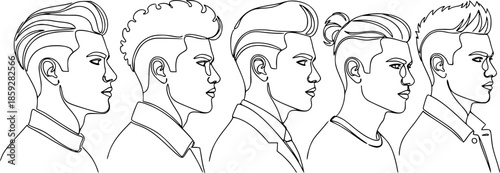 Continuous one line drawing of man portraits. Hairstyle. Fashionable men's style. - Vector illustration.