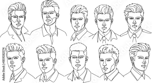 Continuous one line drawing of man portraits. Hairstyle. Fashionable men's style. - Vector illustration.