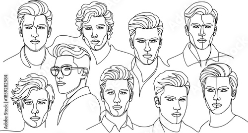 Continuous one line drawing of man portraits. Hairstyle. Fashionable men's style. - Vector illustration.