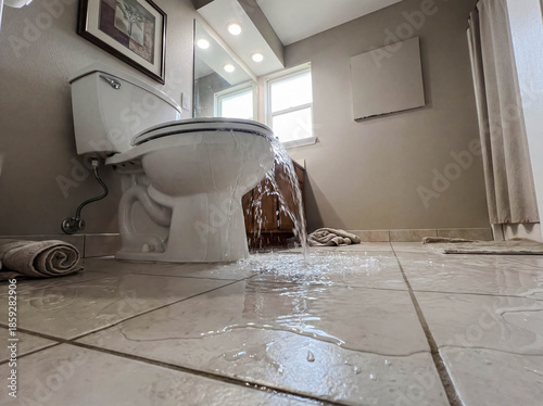 Overflowing toilet in bathroom with water on floor clogged plumbing problem household emergency house repair maintenance accident damage flood insurance claim plumber service background
