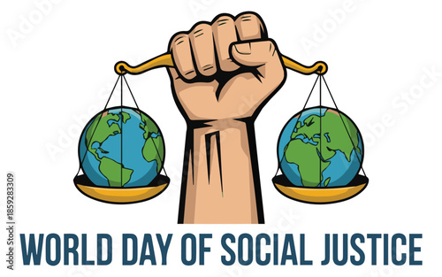 World Day of Social Justice illustration with clenched fist holding scales with globes