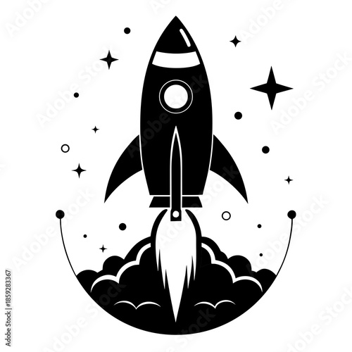 a sleek black rocket ship blasting off with vibrant white flames surrounded by twinkling stars and cosmic clouds high quality professional detailed modern elegant stylish clean