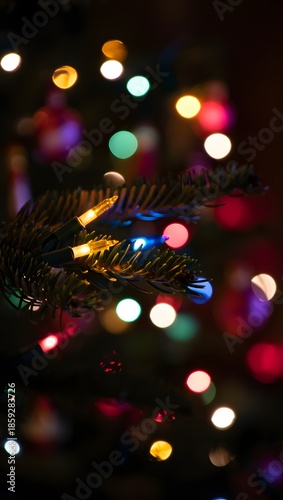 Colorful bokeh lights glow behind a beautifully decorated festive Christmas tree