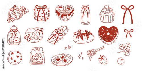 Hand-drawn Valentine bakery clipart featuring sweet desserts, cookies, ribbons, and cozy love-themed treats.