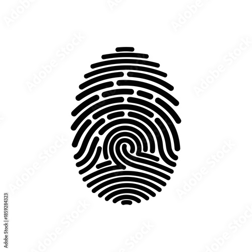 A distinct black fingerprint icon with intricate swirls and lines, symbolizing identity, security, and unique personal identification on a clean white background.