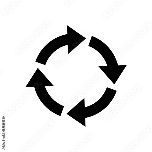 A circular array of four black arrows pointing to each other, symbolizing continuous process, refresh, or cyclical motion on a clean white background.