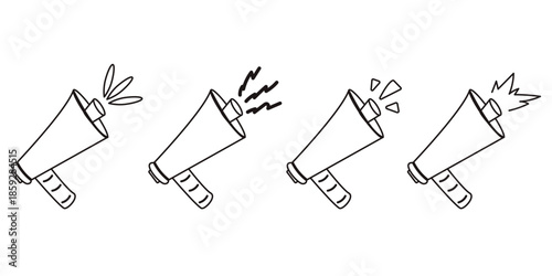 Shout line outline megaphone set with sound effects