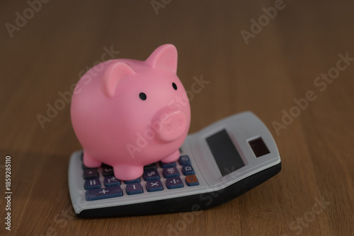 Piggy bank on a calculator. Business finance, savings and investment concept