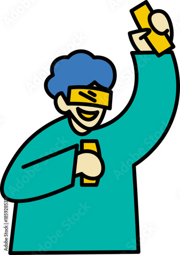 Cheerful man celebrating financial success with money Game console product