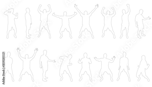 Collection of men contours cheering, jumping, and showing thumbs up gestures. Vector illustration