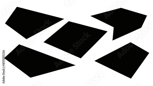 Abstract composition of black geometric shapes on a clean white background