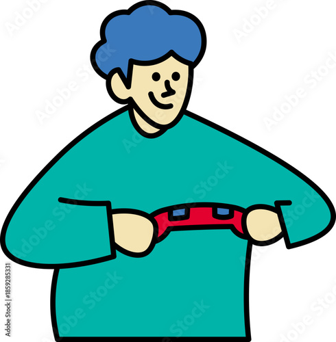 Smiling man holding red object in hands Game console product