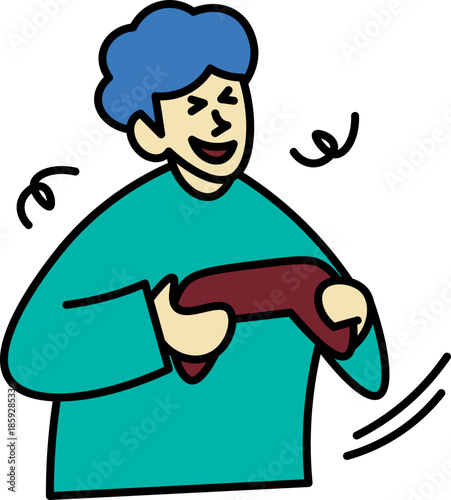Happy cartoon man holding red object in hand with blue hair Game console product