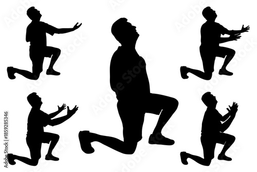 Set of silhouette of  man kneeling, looking up with arms raised, expressing strong emotion. Vector illustration