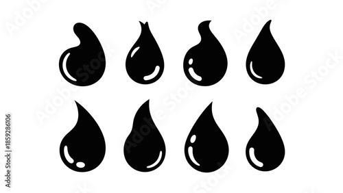 Black water drop illustrations on white background for various design projects