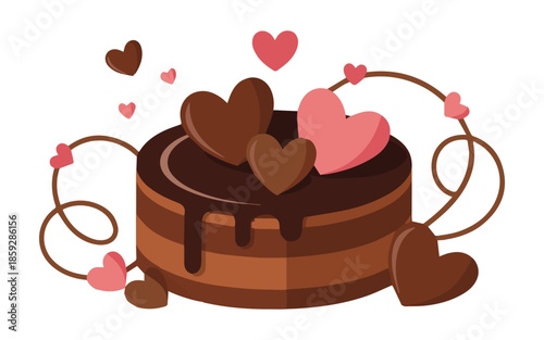 Delicious chocolate cake with hearts on top for Valentine's Day dessert