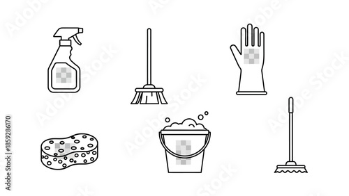 Cleaning supplies collection vector illustrations for housekeeping and hygiene