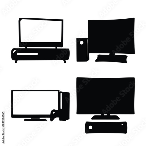 Home entertainment and gaming console tv setups silhouette icon Vector