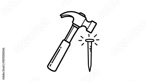 Hammer striking nail illustration black and white vector concept