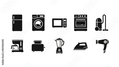 Household appliances silhouettes fridge washing machine microwave vector icons