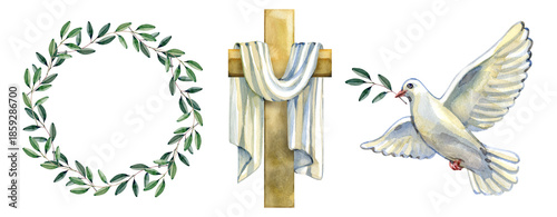 Watercolor collection of religious Easter elements. Includes a green olive branch wreath, a golden wooden cross draped with white cloth, and a white dove of peace carrying an olive sprig.