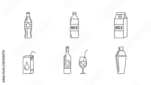 Outlined beverage icons bottles cartons and glass for various uses