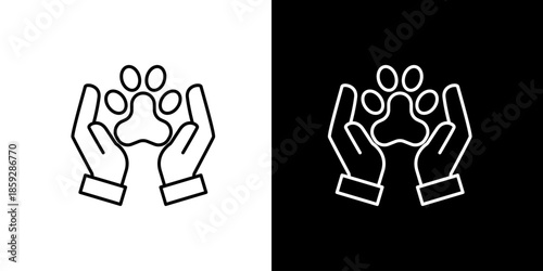 Outline icon featuring caring hands cradling a pet paw print, symbolizing animal welfare, veterinary support, and compassionate pet care initiatives